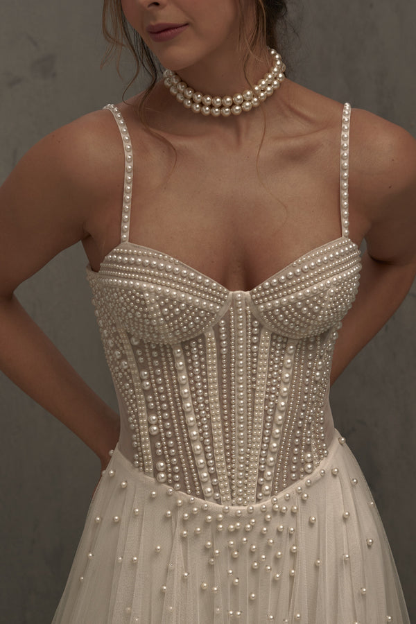 long dress, marfil, corset. SERENA